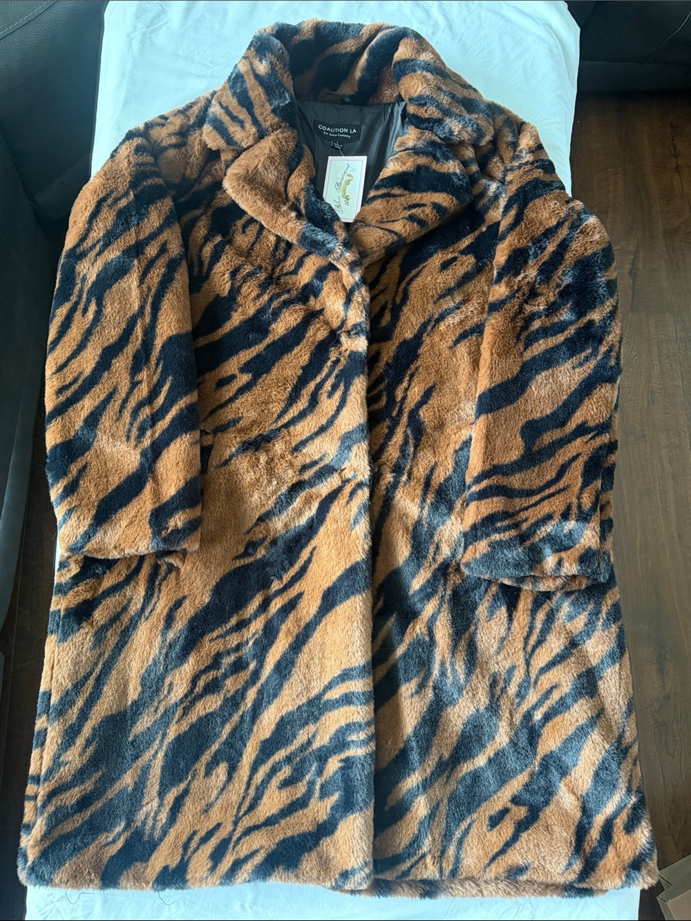 Coalition LA Faux Fur Animal Print Coat- Black/Brown, Size Large